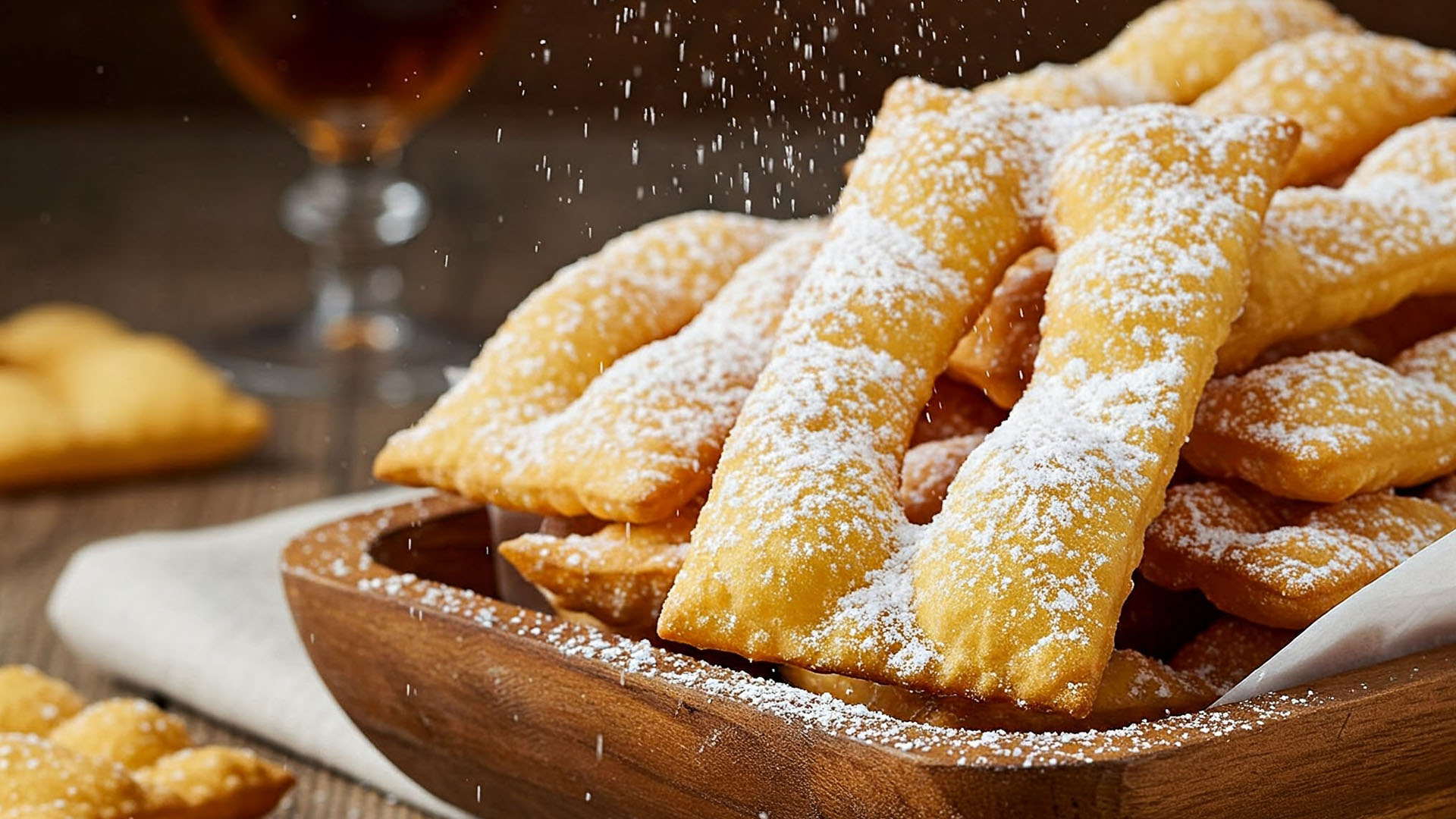 Un vassoio di Chiacchiere di Carnevale croccanti, dorate e ricoperte di zucchero a velo, con granelli sospesi nell’aria. Il dolce tradizionale perfetto per celebrare il Carnevale.