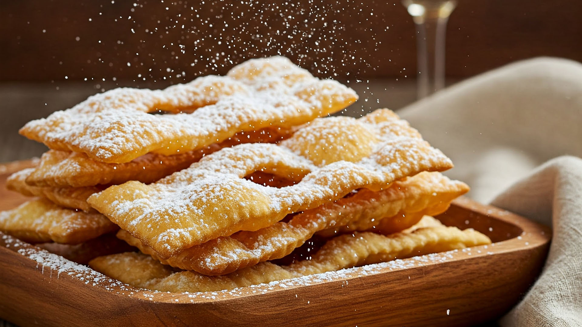 Un vassoio di Chiacchiere di Carnevale croccanti, dorate e ricoperte di zucchero a velo, con granelli sospesi nell’aria. Il dolce tradizionale perfetto per celebrare il Carnevale.