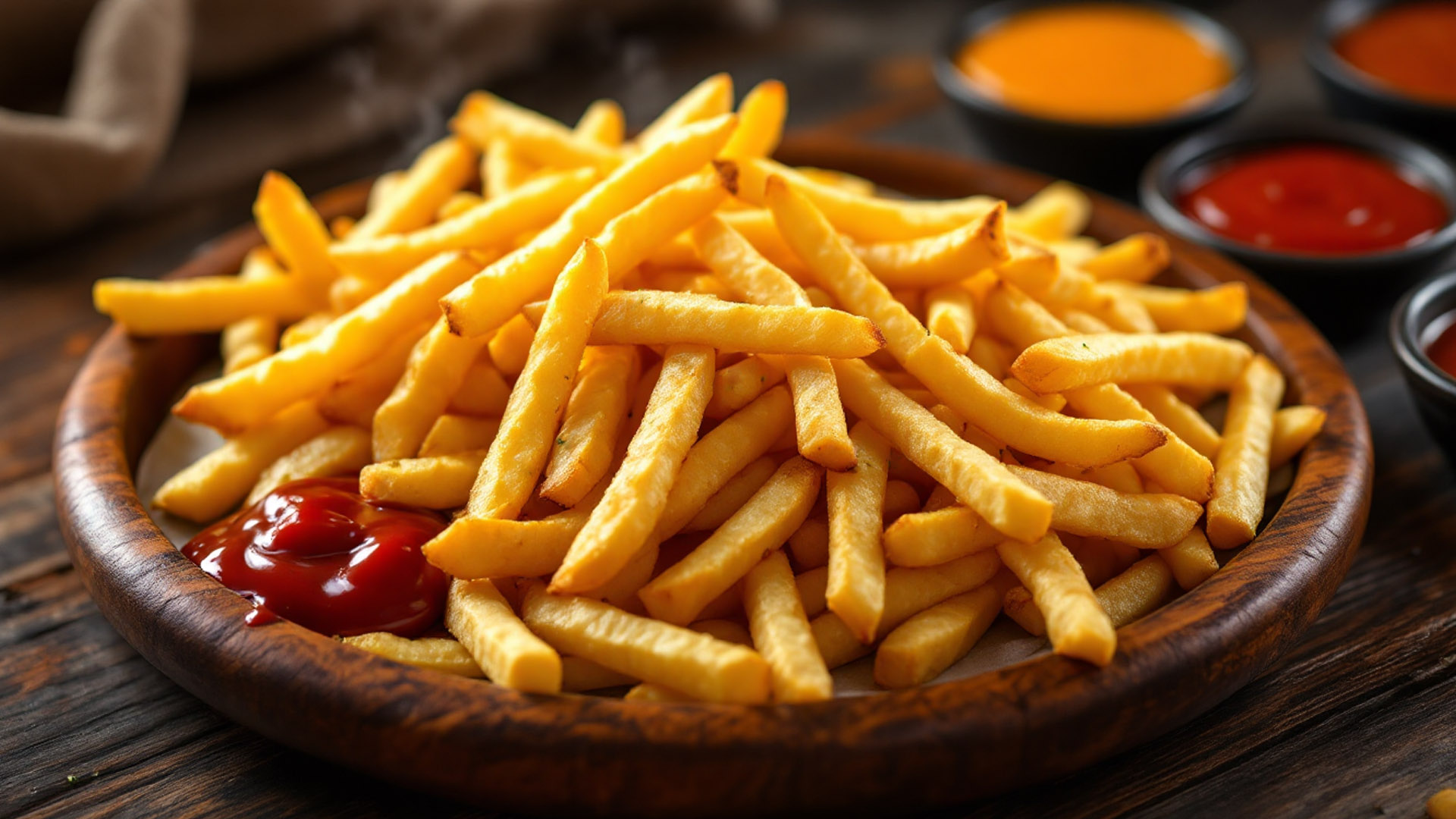 Un piatto di patatine fritte dorate e croccanti servito su un vassoio in legno, accompagnato da ciotoline di salse assortite, tra cui ketchup e salsa al formaggio, su un tavolo rustico. Un piatto di patatine fritte dorate e croccanti servito su un vassoio in legno, accompagnato da ciotoline di salse assortite, tra cui ketchup e salsa al formaggio, su un tavolo rustico.Le migliori salse per le patatine fritte